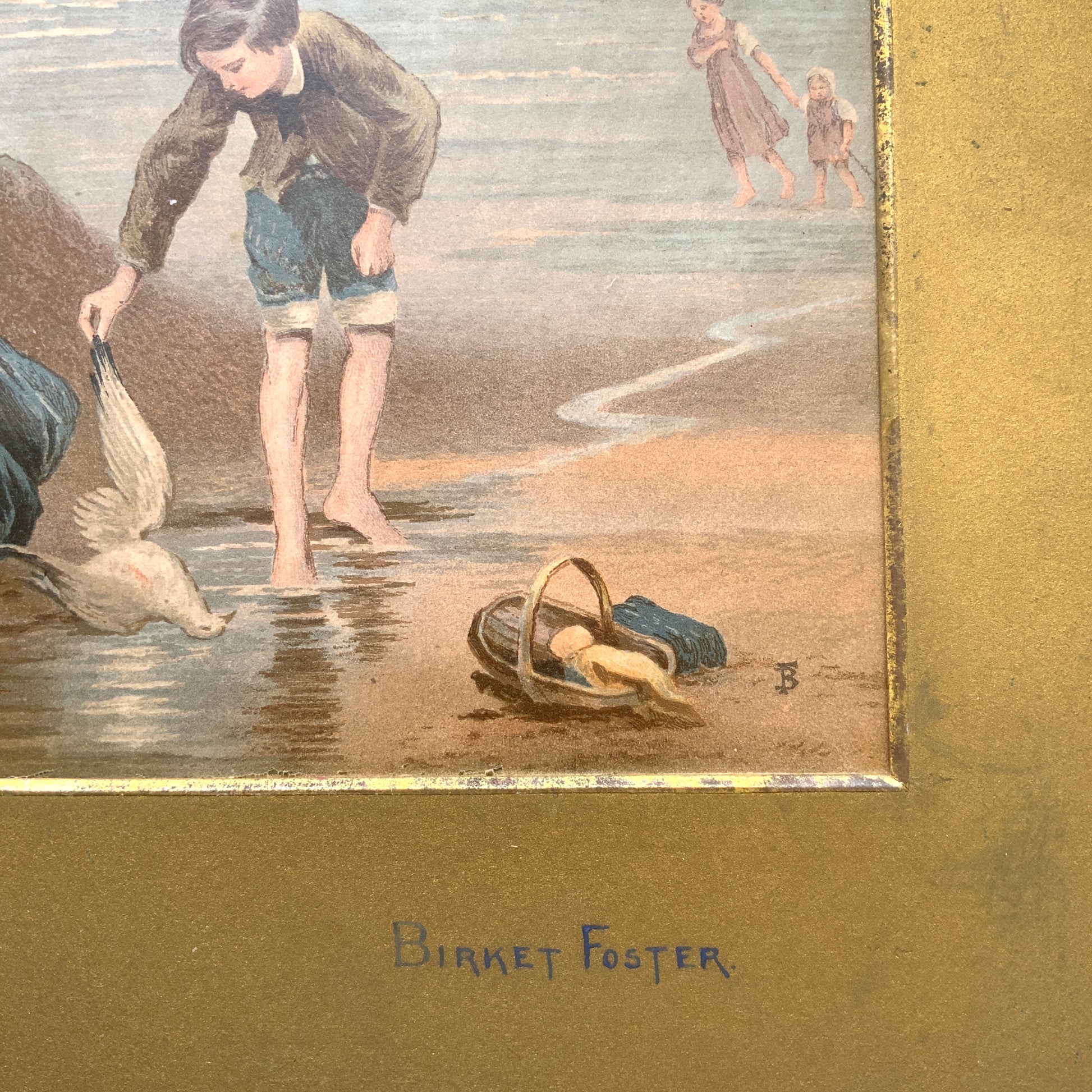 A late Victorian antique print of “The Dead Sea Gull” by Myles Birket Foster. ヴィクトリアン後期頃のマイルズ・バーケット・フォスターの “The Dead Sea Gull” のアンティークプリント。