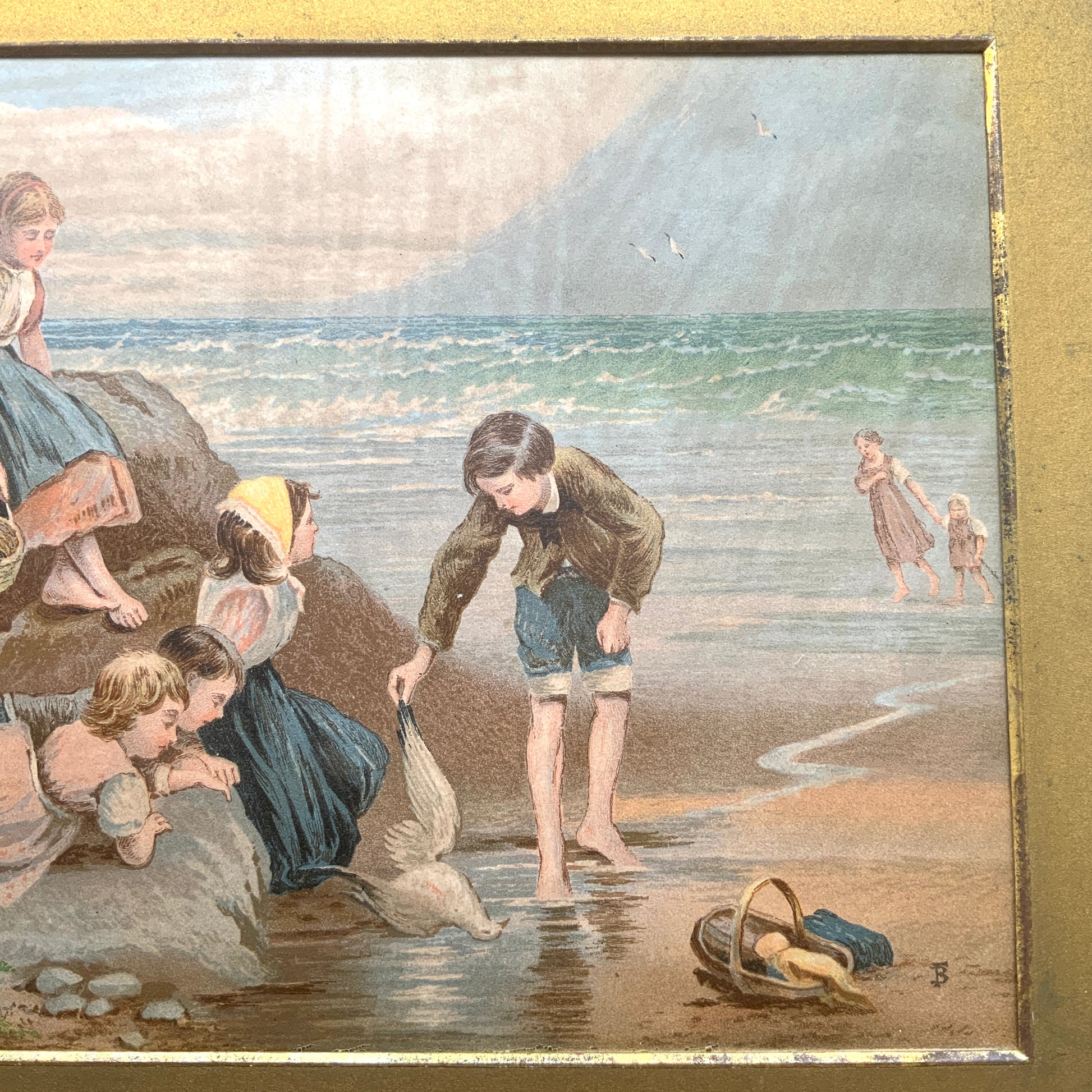 A late Victorian antique print of “The Dead Sea Gull” by Myles Birket Foster. ヴィクトリアン後期頃のマイルズ・バーケット・フォスターの “The Dead Sea Gull” のアンティークプリント。