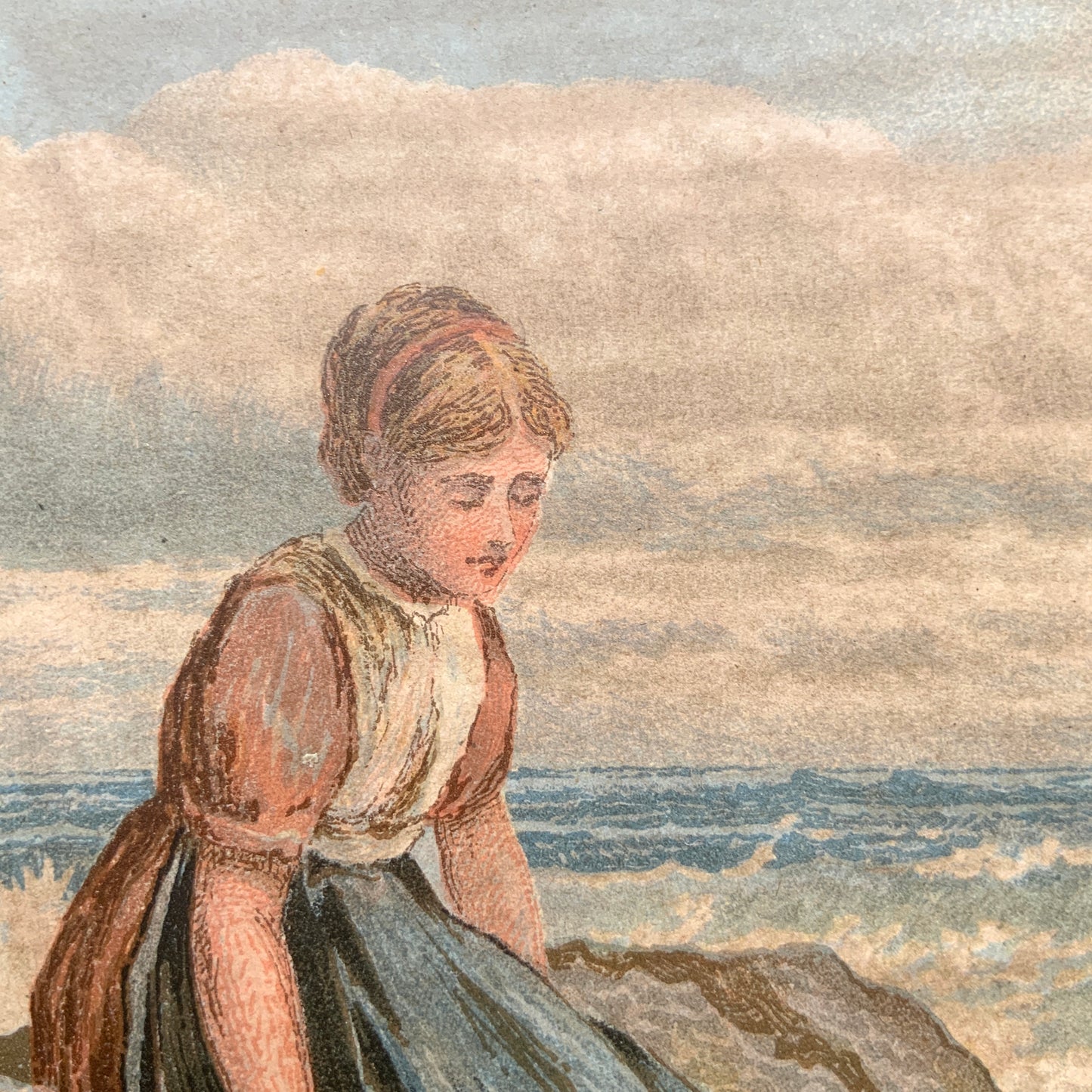 A late Victorian antique print of “The Dead Sea Gull” by Myles Birket Foster. ヴィクトリアン後期頃のマイルズ・バーケット・フォスターの “The Dead Sea Gull” のアンティークプリント。