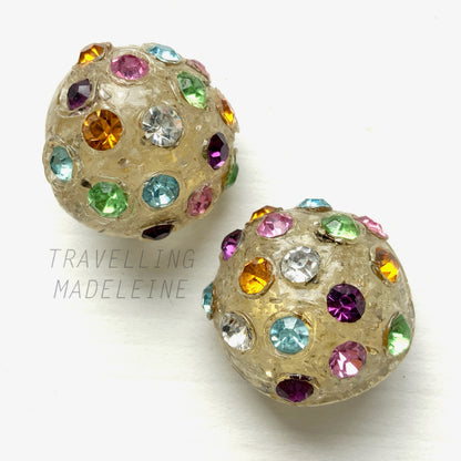 VINTAGE 1940-50's Glittered White Dome x Multicolour Rhinestone Clip Earrings