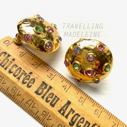 VINTAGE 1960-80's Gold Tone Dome & Multicolour Rhinestone Clip Earrings