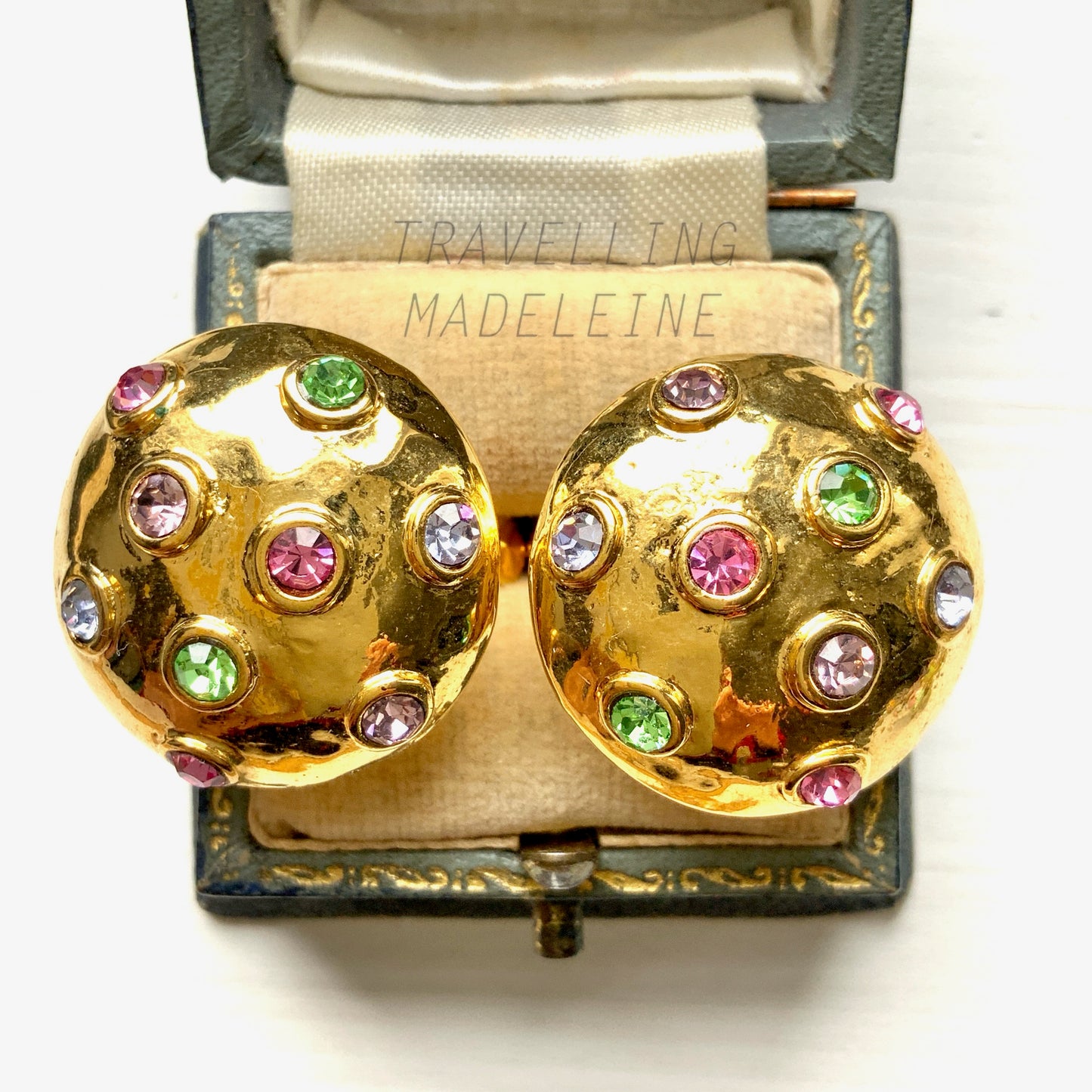 VINTAGE 1960-80's Gold Tone Dome & Multicolour Rhinestone Clip Earrings