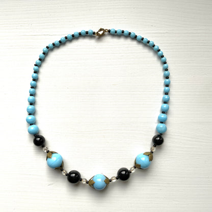 VINTAGE 1930’s Turquoise Blue & Black Glass Necklace