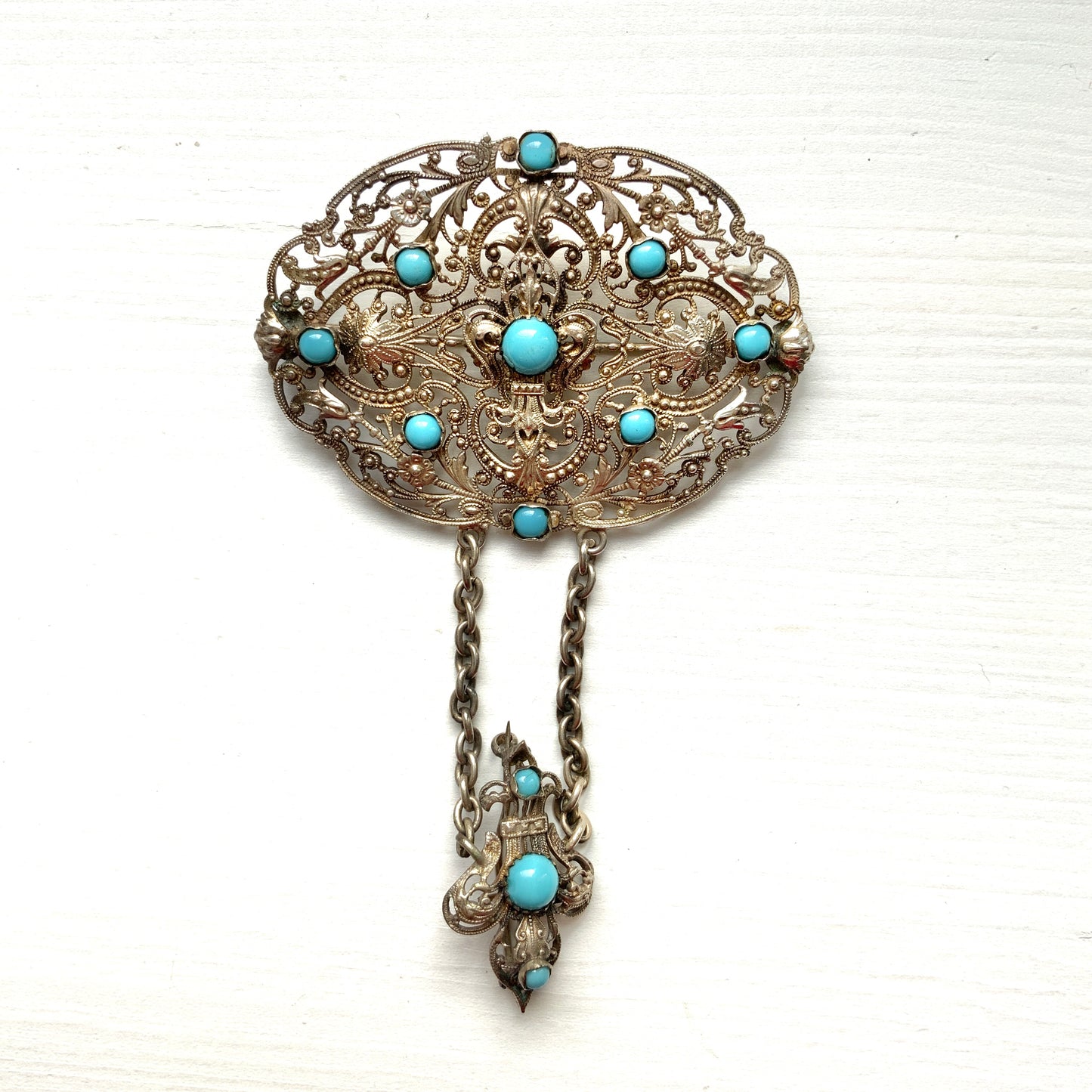 ANTIQUE Silver Tone Filigree Fleur de Lis & Turquoise Glass Brooch