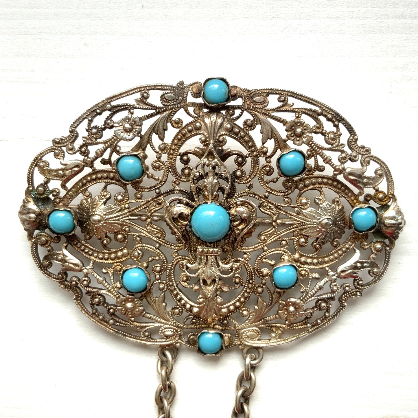 ANTIQUE Silver Tone Filigree Fleur de Lis & Turquoise Glass Brooch