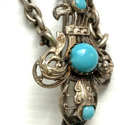 ANTIQUE Silver Tone Filigree Fleur de Lis & Turquoise Glass Brooch