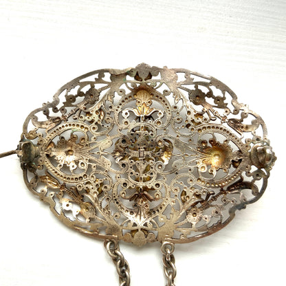 ANTIQUE Silver Tone Filigree Fleur de Lis & Turquoise Glass Brooch