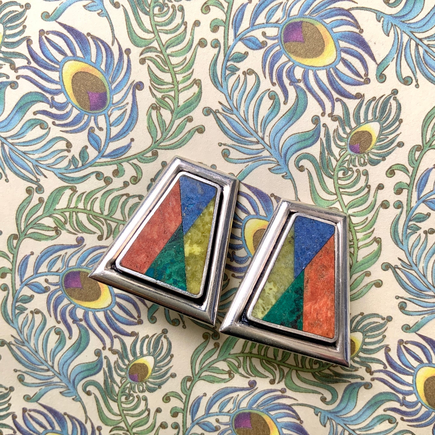 VINTAGE 1970's Multi Coloured Stone Inlay Trapezoid Shaped Silver Clip Earrings