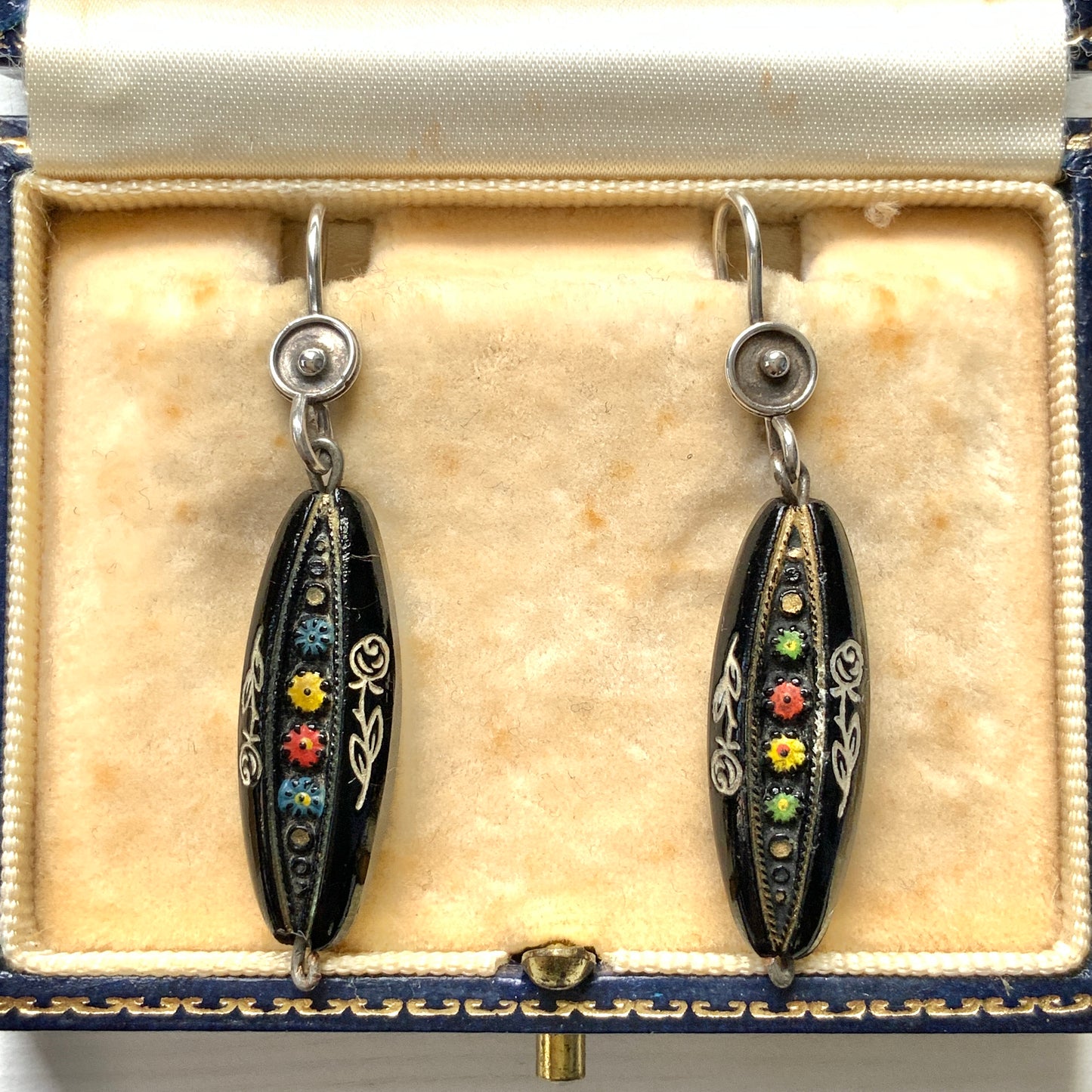 VINTAGE Black Glass Beads with Hand Painted Flowers Pierced Earrings