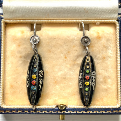 VINTAGE Black Glass Beads with Hand Painted Flowers Pierced Earrings