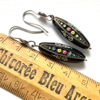 VINTAGE Black Glass Beads with Hand Painted Flowers Pierced Earrings