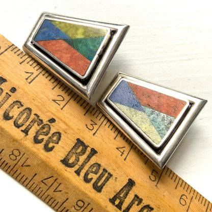 VINTAGE 1970's Multi Coloured Stone Inlay Trapezoid Shaped Silver Clip Earrings