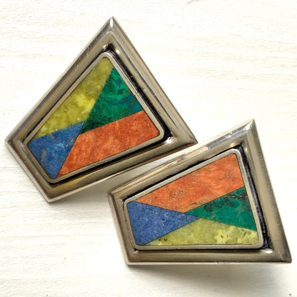 VINTAGE 1970's Multi Coloured Stone Inlay Trapezoid Shaped Silver Clip Earrings