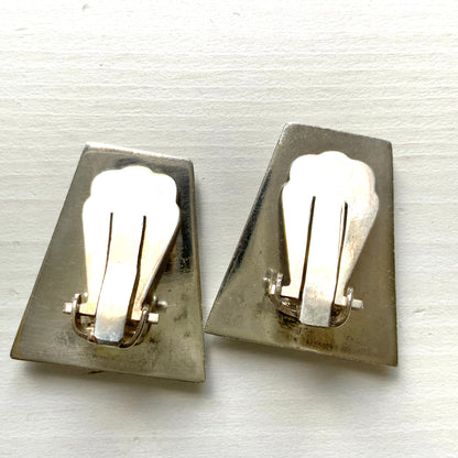 VINTAGE 1970's Multi Coloured Stone Inlay Trapezoid Shaped Silver Clip Earrings