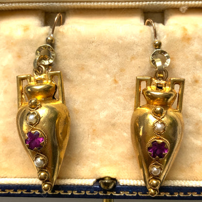 ANTIQUE VICTORIAN Etruscan Revival Gold Spike Dangle Pierced Earrings with Purple Rhinestone & Seed Pearls