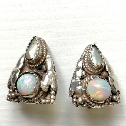 VINTAGE Pearl & Opal Siler Triangle Clip Earrings