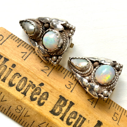 VINTAGE Pearl & Opal Siler Triangle Clip Earrings