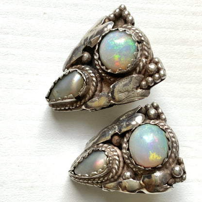 VINTAGE Pearl & Opal Siler Triangle Clip Earrings