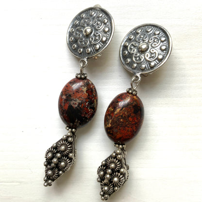 VINTAGE Oval Jasper & Silver Beads Dangle Clip Earrings