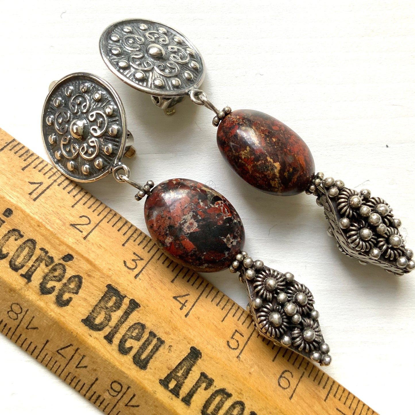 VINTAGE Oval Jasper & Silver Beads Dangle Clip Earrings