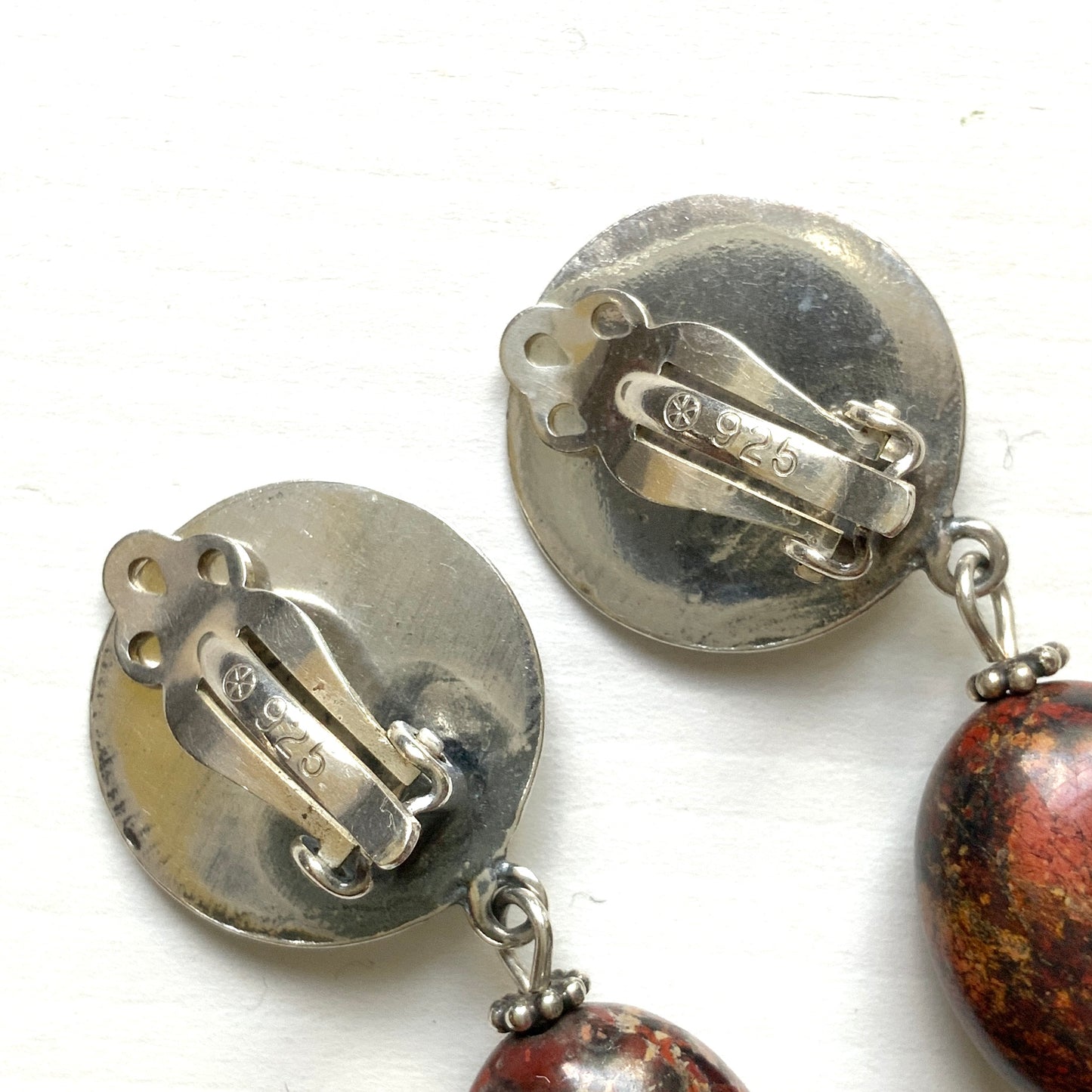 VINTAGE Oval Jasper & Silver Beads Dangle Clip Earrings