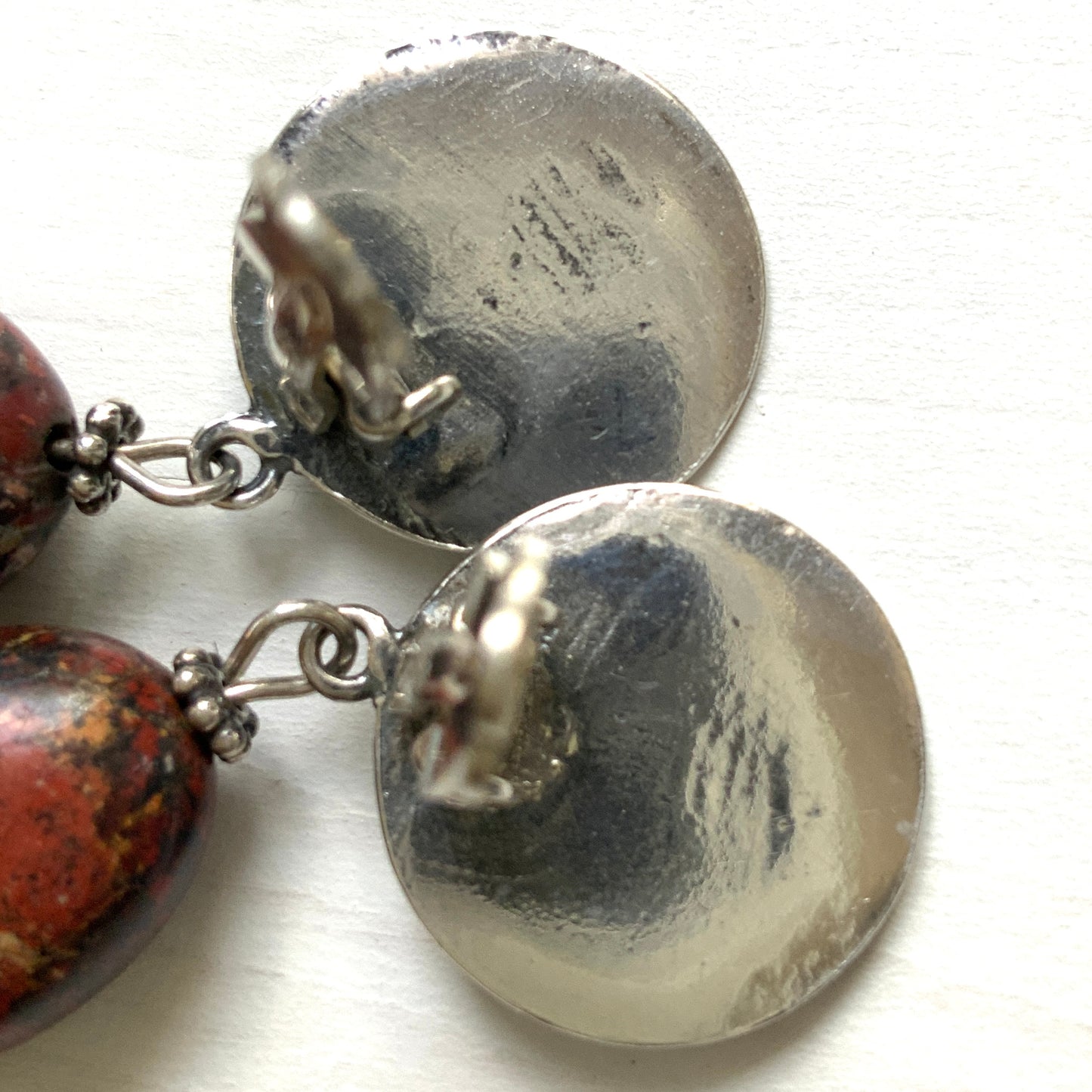 VINTAGE Oval Jasper & Silver Beads Dangle Clip Earrings