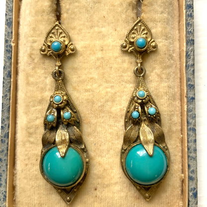 VINTAGE ART DECO Gold Tone Filigree & Turquoise Glass Pierced Earrings