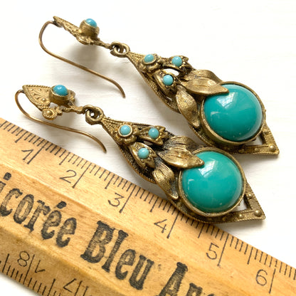 VINTAGE ART DECO Gold Tone Filigree & Turquoise Glass Pierced Earrings