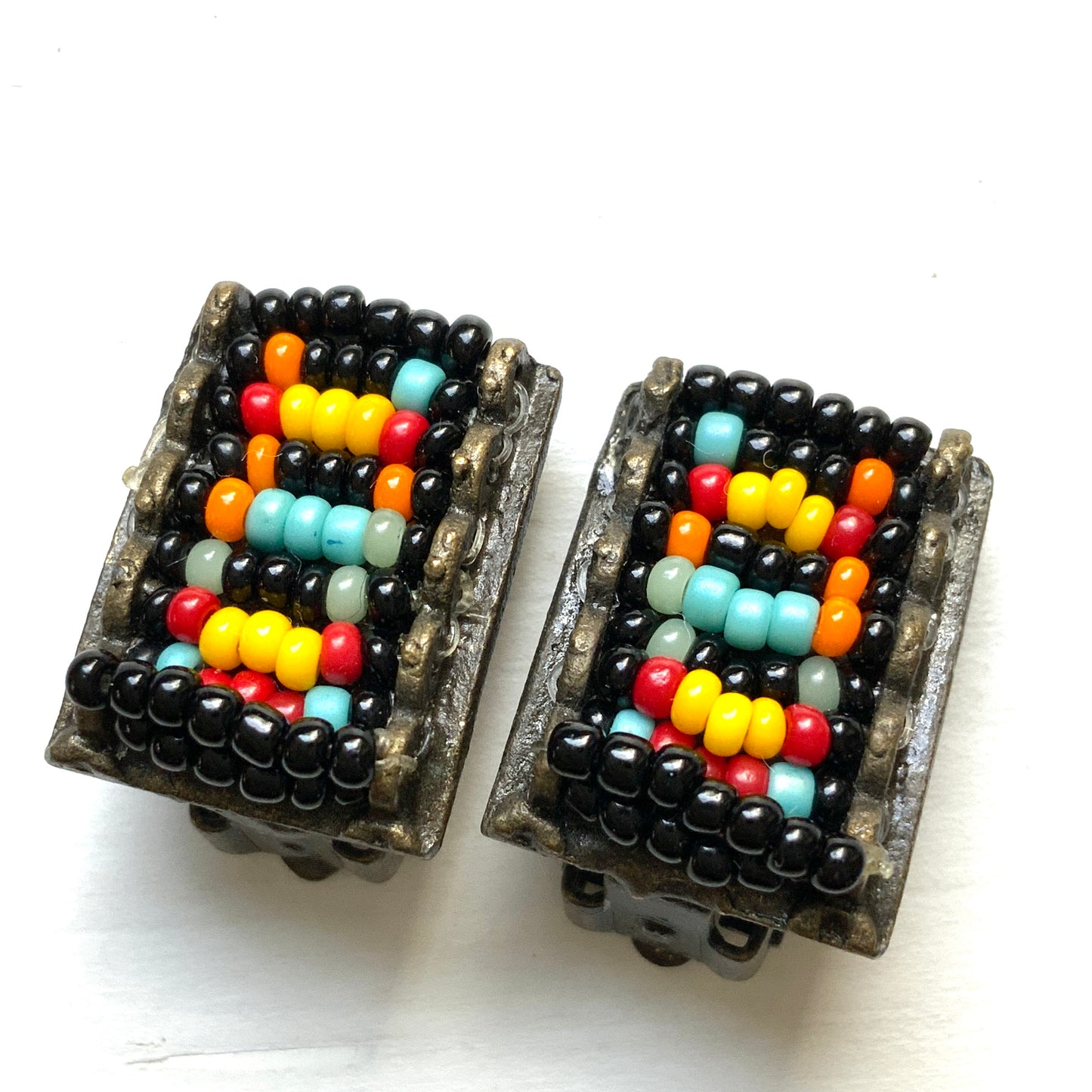 VINTAGE Multicolour Glass Beaded Square Earrings