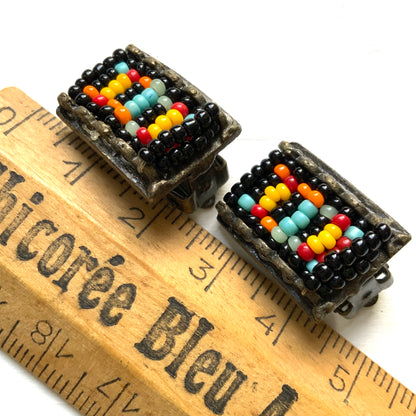 VINTAGE Multicolour Glass Beaded Square Earrings