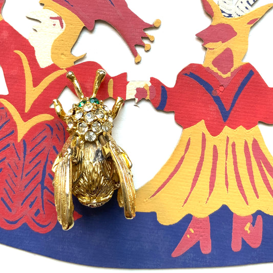 VINTAGE 1970's Gold Tone & Rhinestone Trembler Bug Brooch