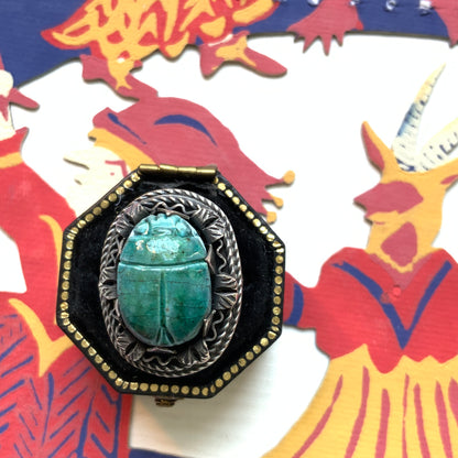 VINTAGE Egyptian Revival Faience Turquoise Blue Scarab Silver Ring