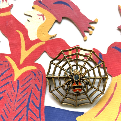 VINTAGE ART DECO Enamel Spider & Web Mini Brooch