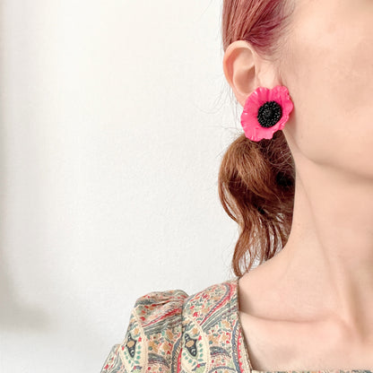 VINTAGE Pink Plastic Poppy Clip Earrings