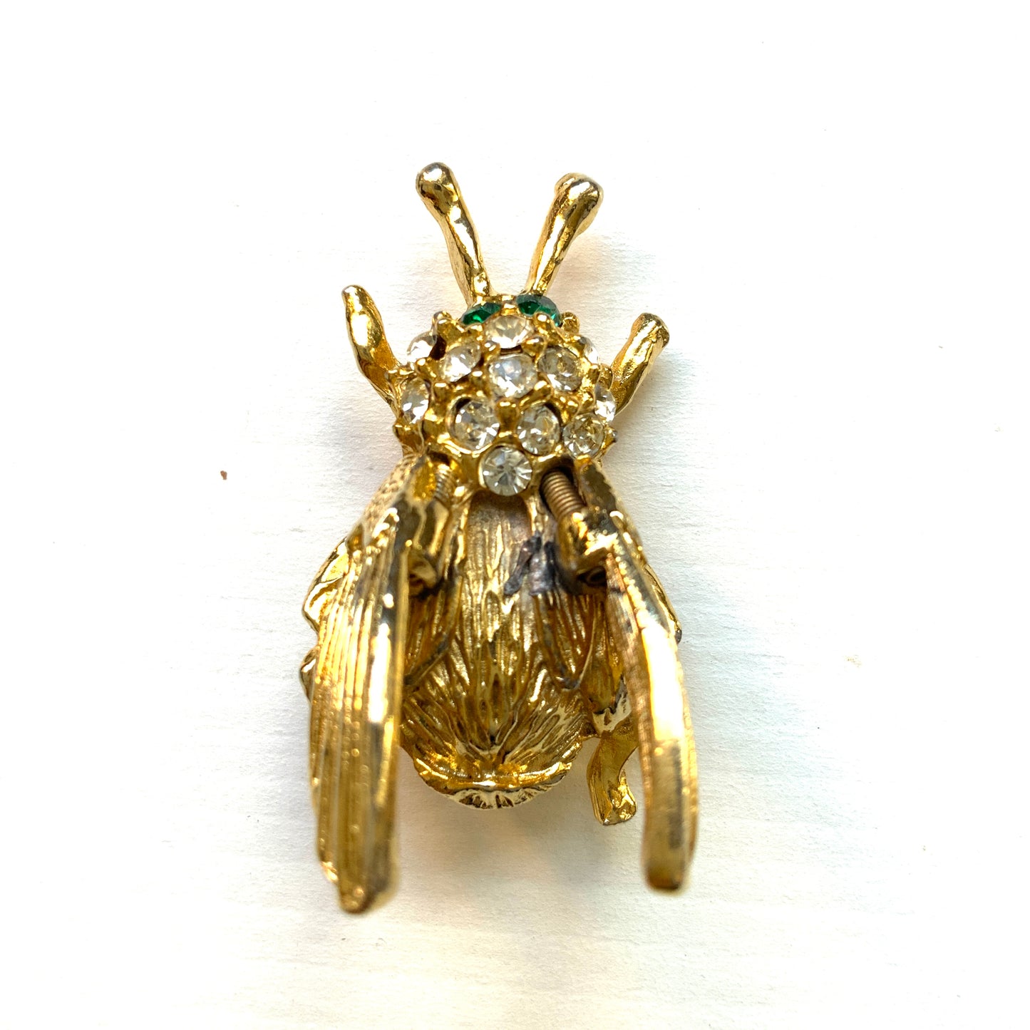 VINTAGE 1970's Gold Tone & Rhinestone Trembler Bug Brooch