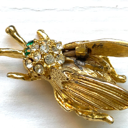 VINTAGE 1970's Gold Tone & Rhinestone Trembler Bug Brooch