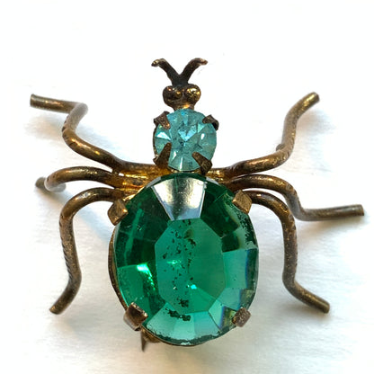 VINTAGE ART DECO Green Glass Spider Mini Brooch