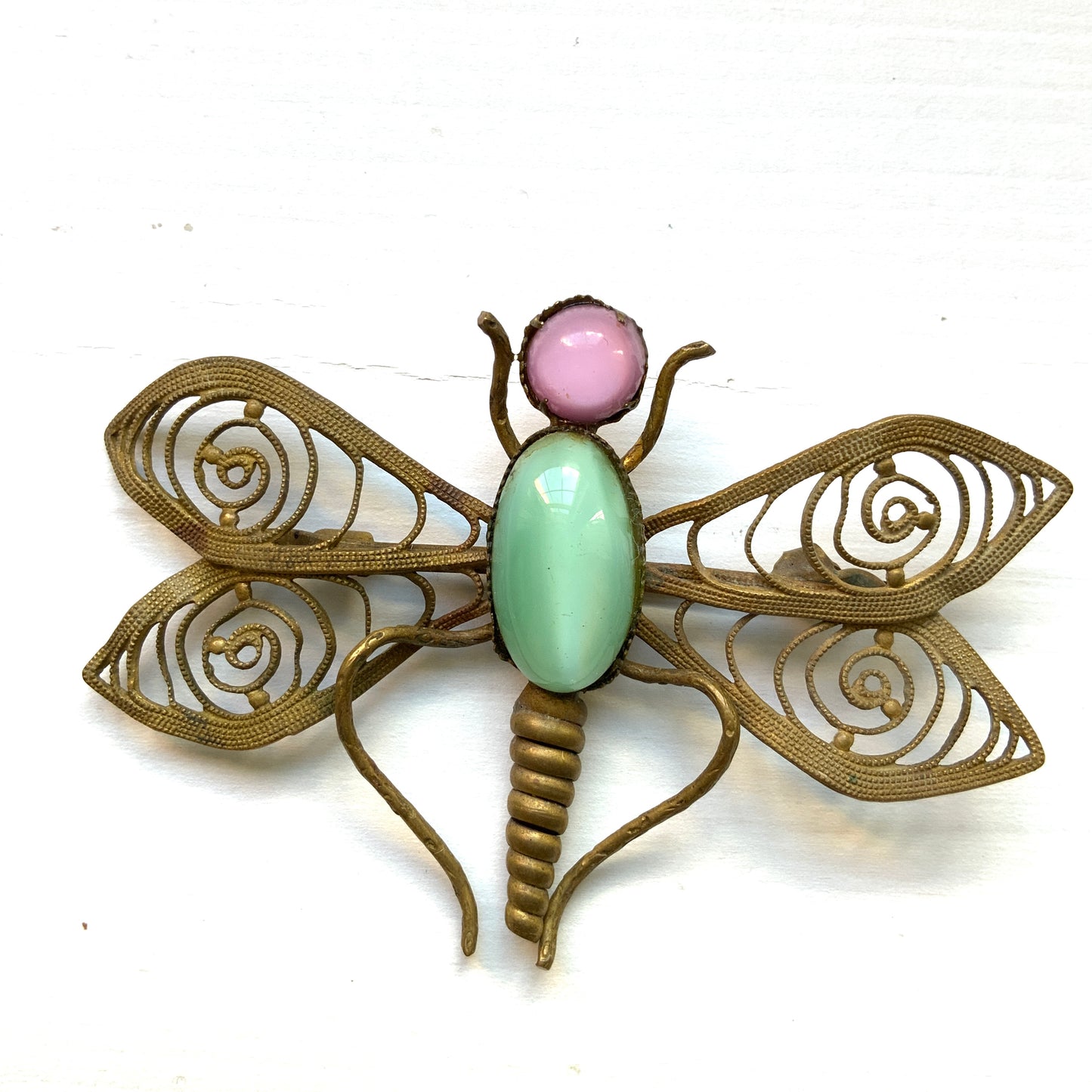 VINTAGE ART DECO Pink & Mint Green Satin Glass Cabochon Dragonfly Brooch