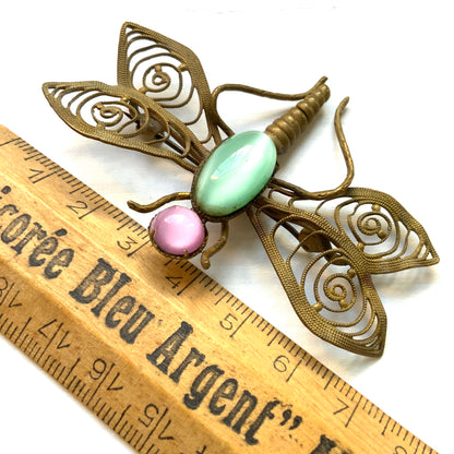 VINTAGE ART DECO Pink & Mint Green Satin Glass Cabochon Dragonfly Brooch