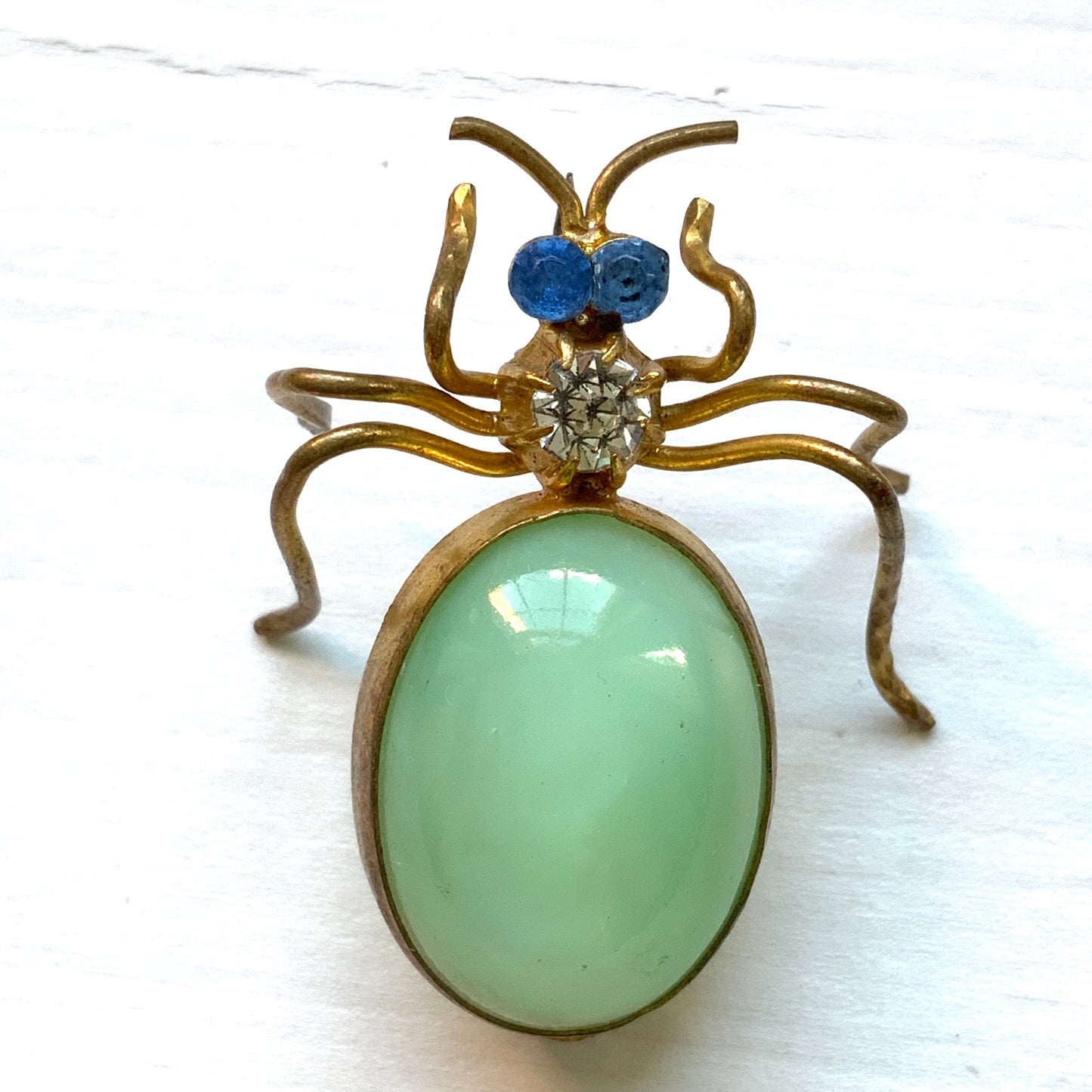 ANTIQUE 1900-20's  Mint Green Satin Glass Cabochon Spider Brooch