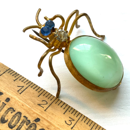 ANTIQUE 1900-20's  Mint Green Satin Glass Cabochon Spider Brooch