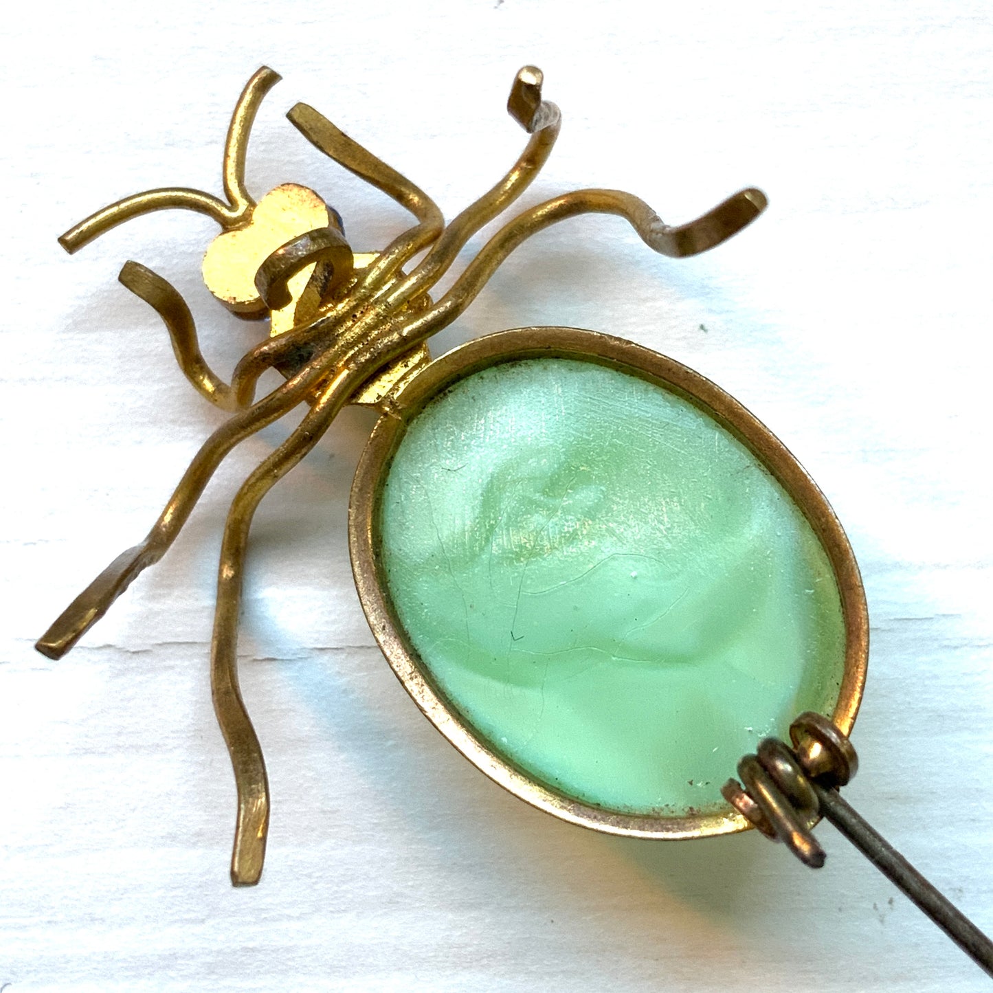 ANTIQUE 1900-20's  Mint Green Satin Glass Cabochon Spider Brooch