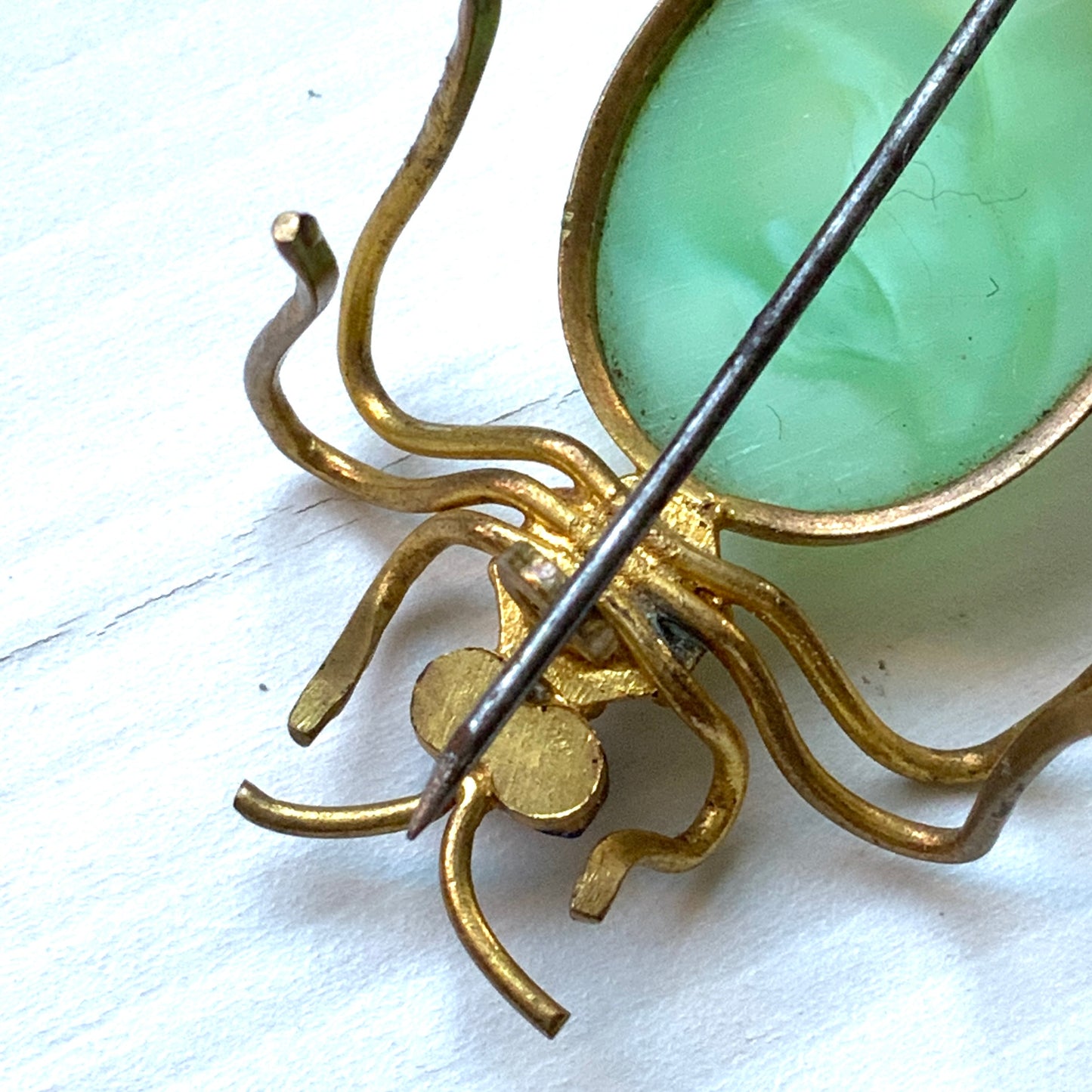 ANTIQUE 1900-20's  Mint Green Satin Glass Cabochon Spider Brooch