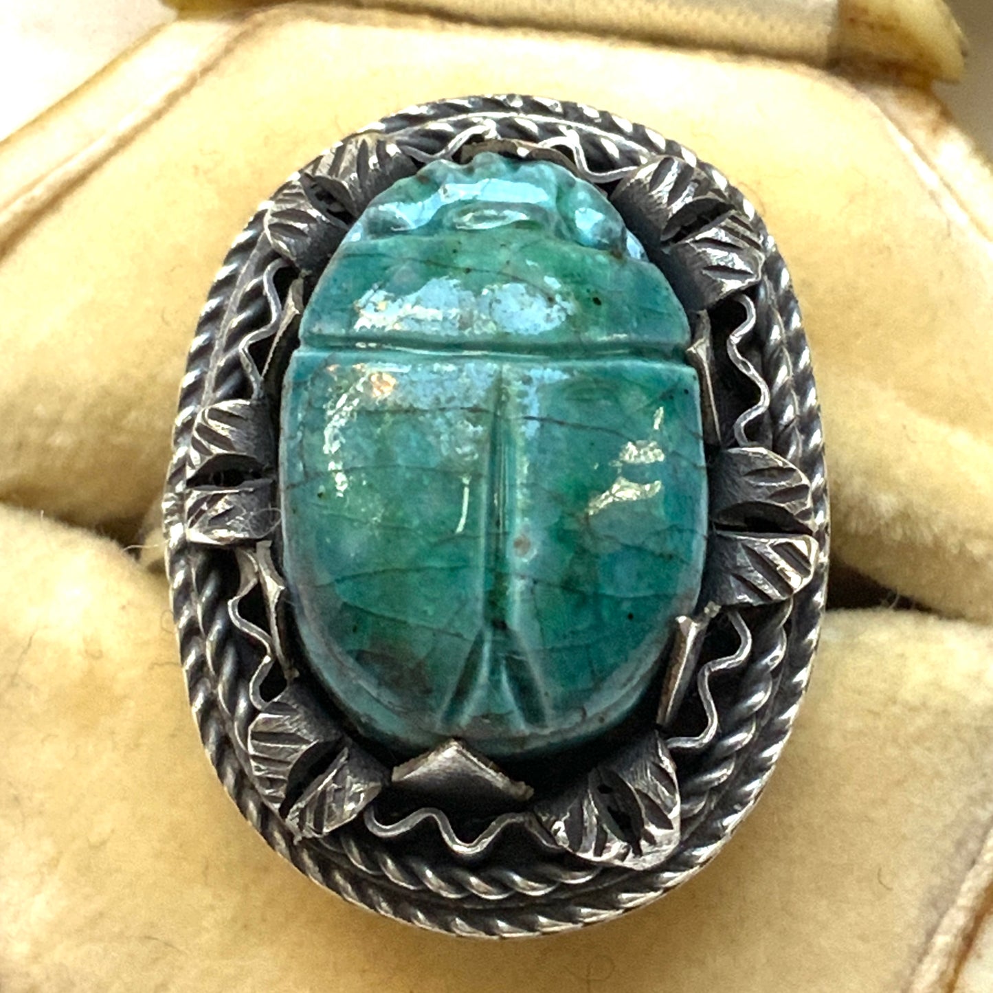 VINTAGE Egyptian Revival Faience Turquoise Blue Scarab Silver Ring