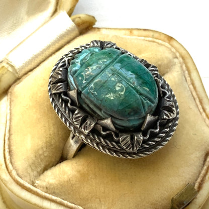 VINTAGE Egyptian Revival Faience Turquoise Blue Scarab Silver Ring