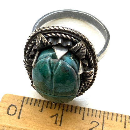 VINTAGE Egyptian Revival Faience Turquoise Blue Scarab Silver Ring