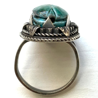 VINTAGE Egyptian Revival Faience Turquoise Blue Scarab Silver Ring