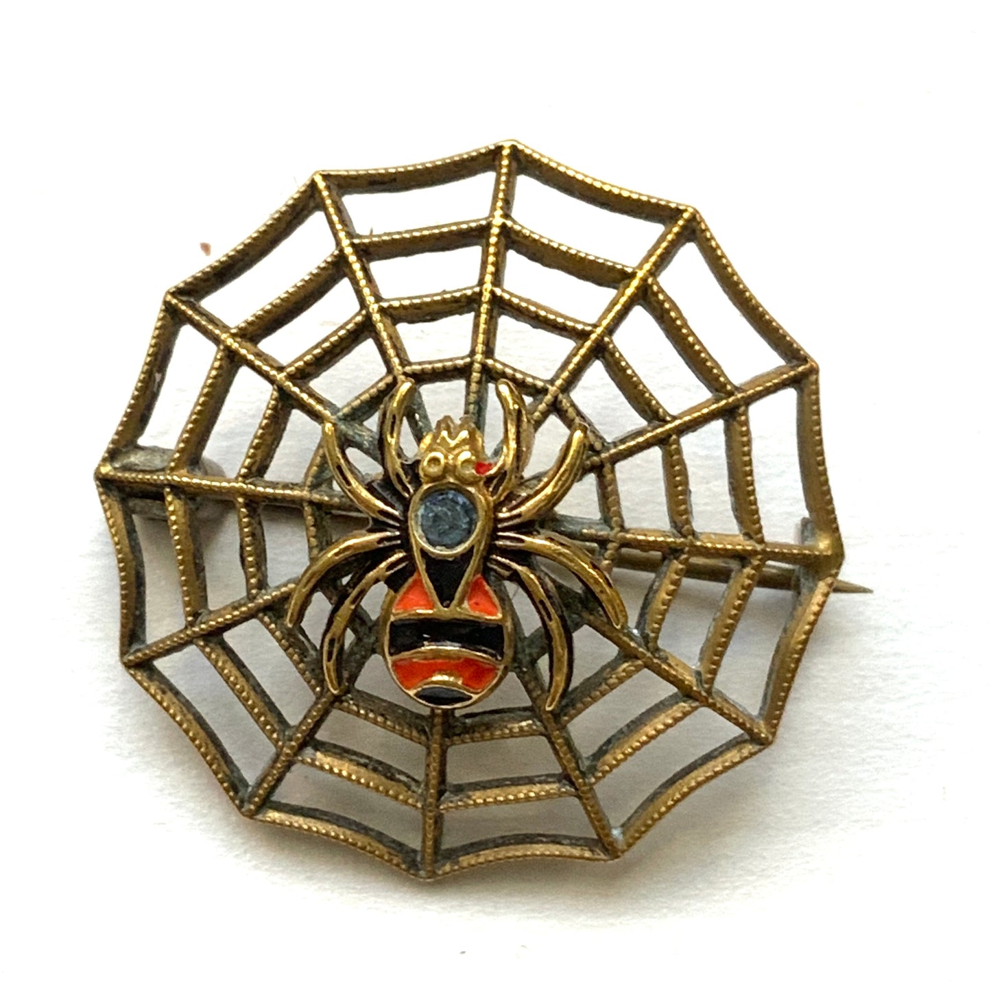 VINTAGE ART DECO Enamel Spider & Web Mini Brooch