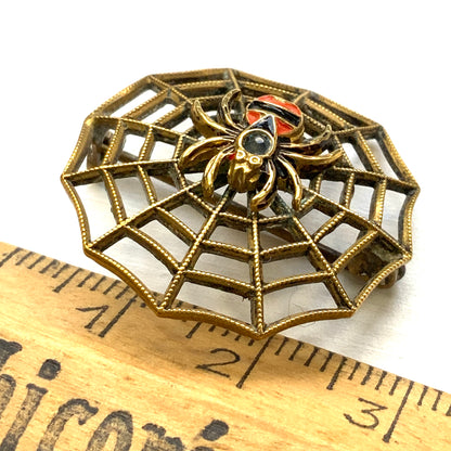 VINTAGE ART DECO Enamel Spider & Web Mini Brooch