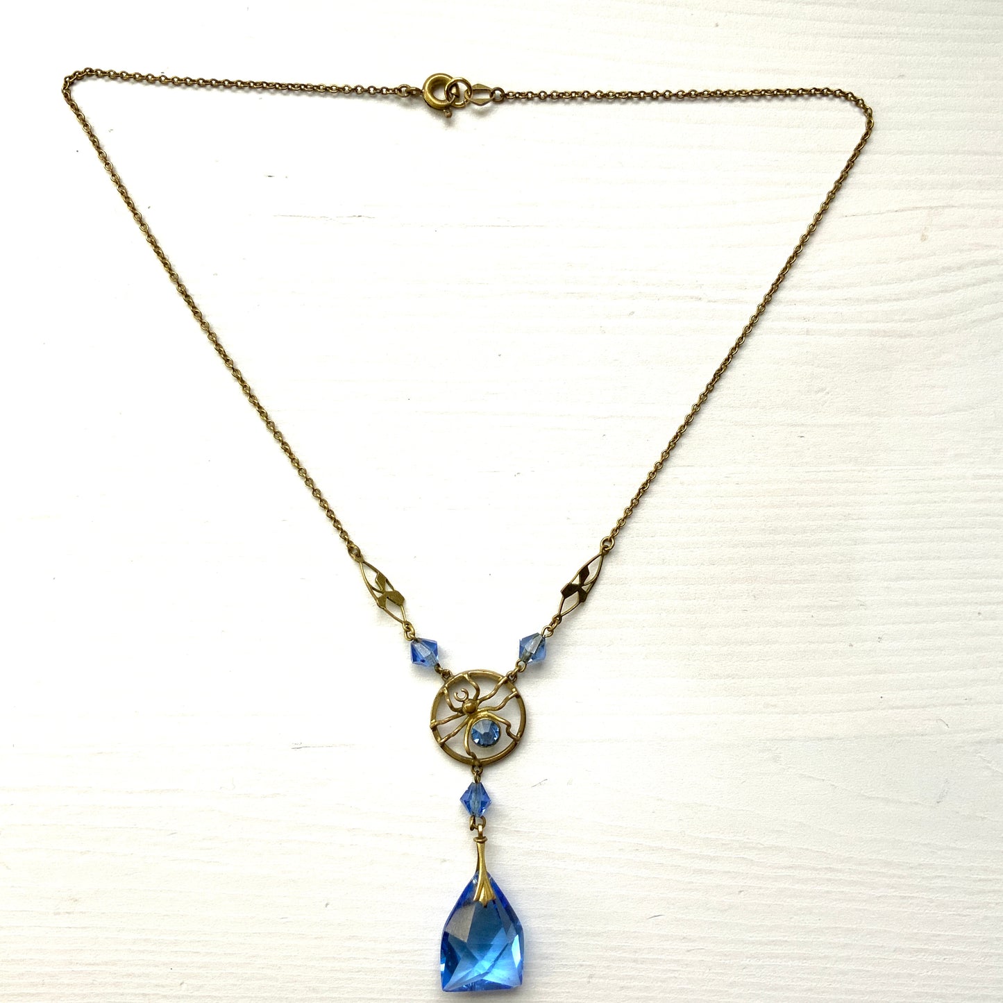 VINTAGE ART DEOCO WARD BROTHERS Blue Glass Spider Necklace